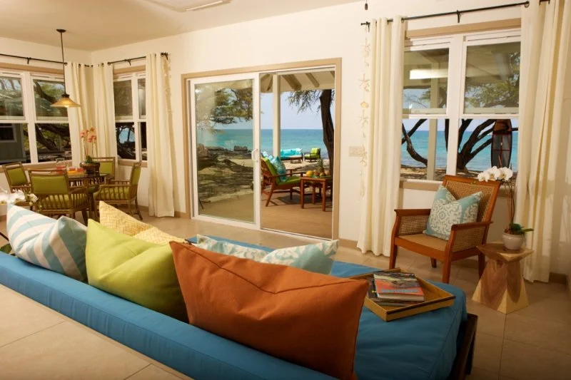 Living room with the lanai and beach beyond