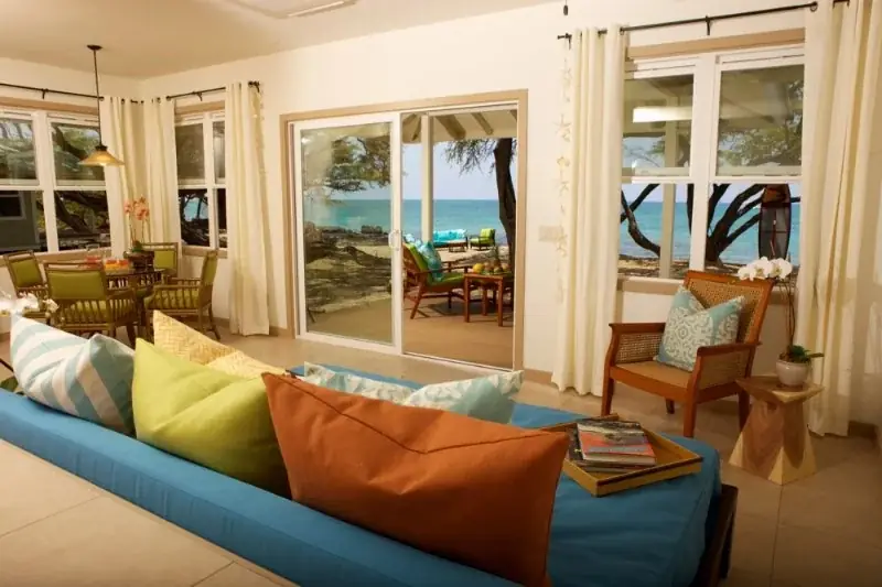Living room with the lanai and beach beyond